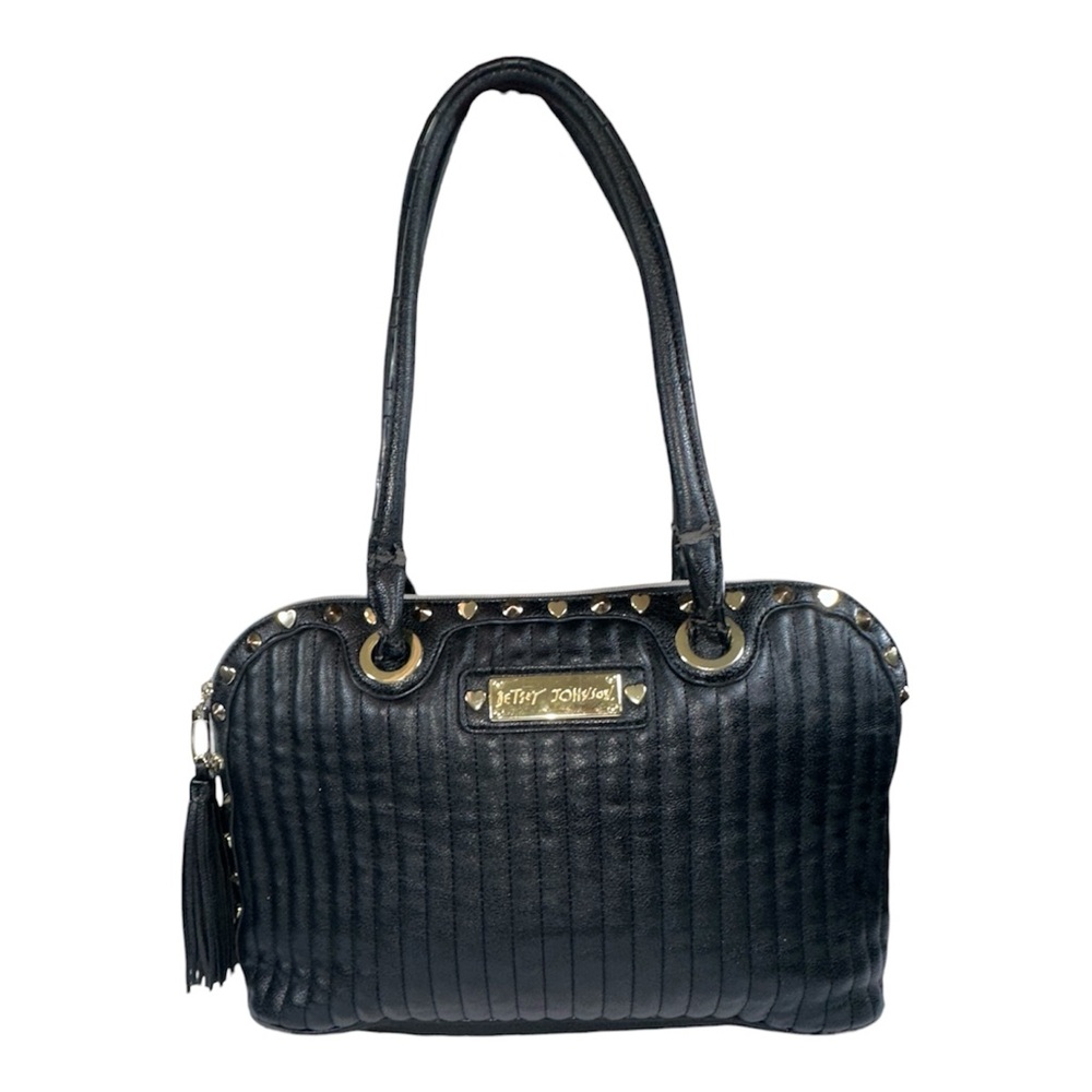 Betsey Johnson Black Quilted Heart Studded Shoulder Bag with Tassel Edgy Y2K